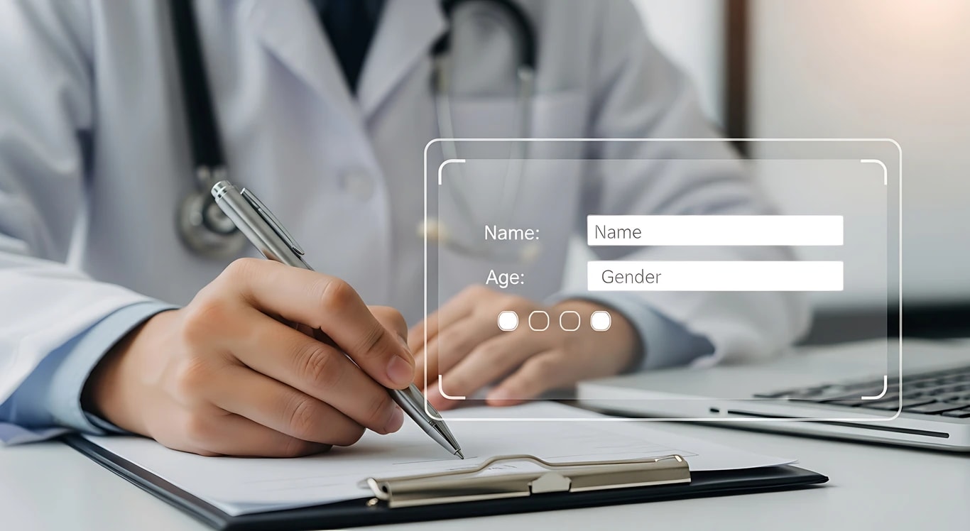 A clinician completing patient intake paperwork