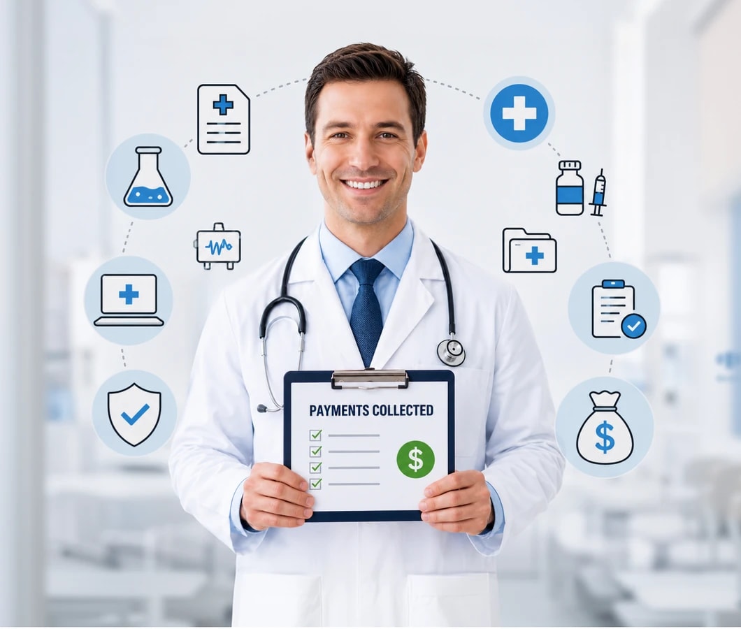 A behavioral health billing specialist surrounded by revenue-cycle indicators