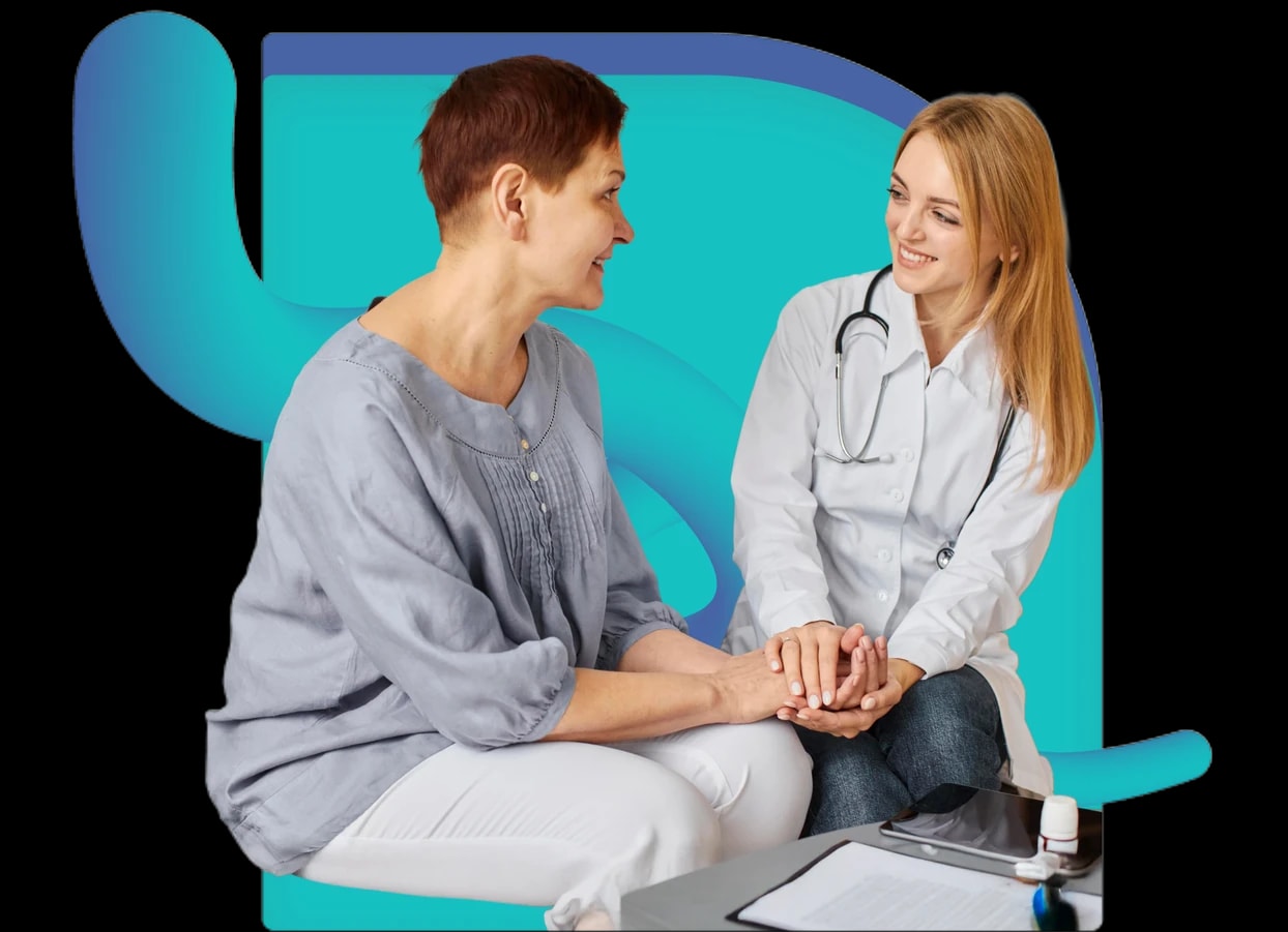 Clinician reassuring a patient during a recovery check-up