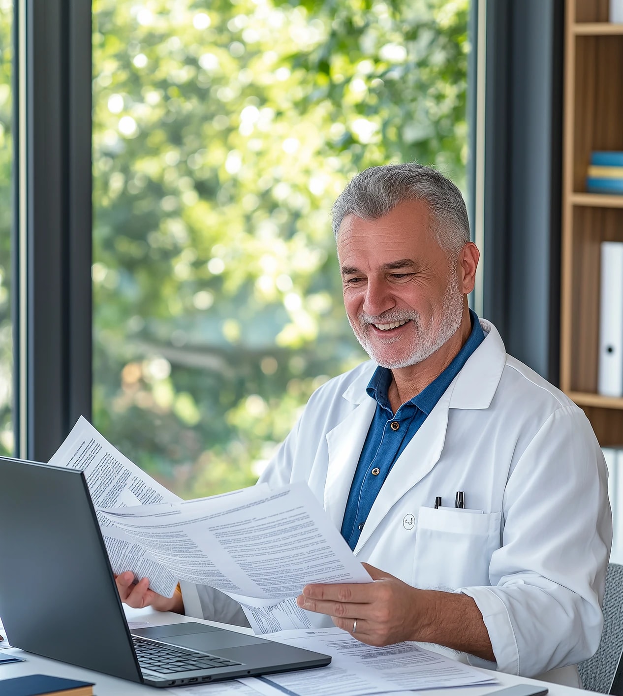 A psychiatric nurse practitioner reviewing paperwork at a desk