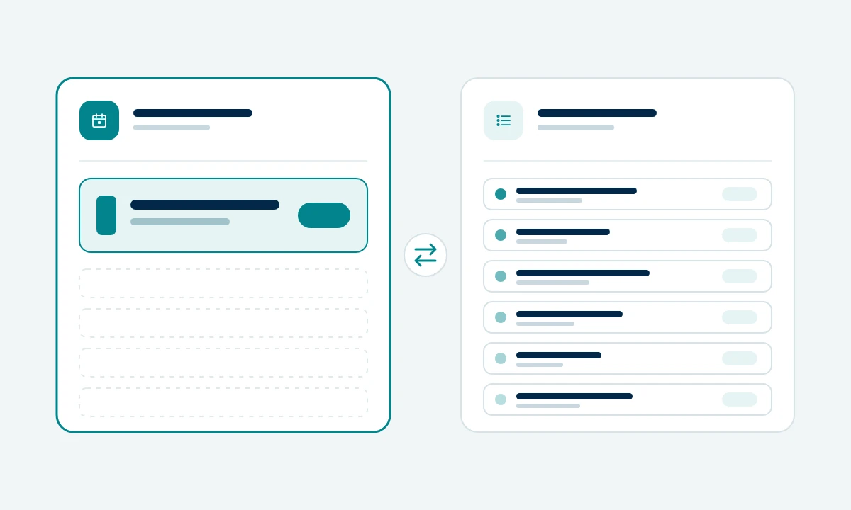Diagram: one consolidated claim row on a form beside a second form with six stacked itemized rows.